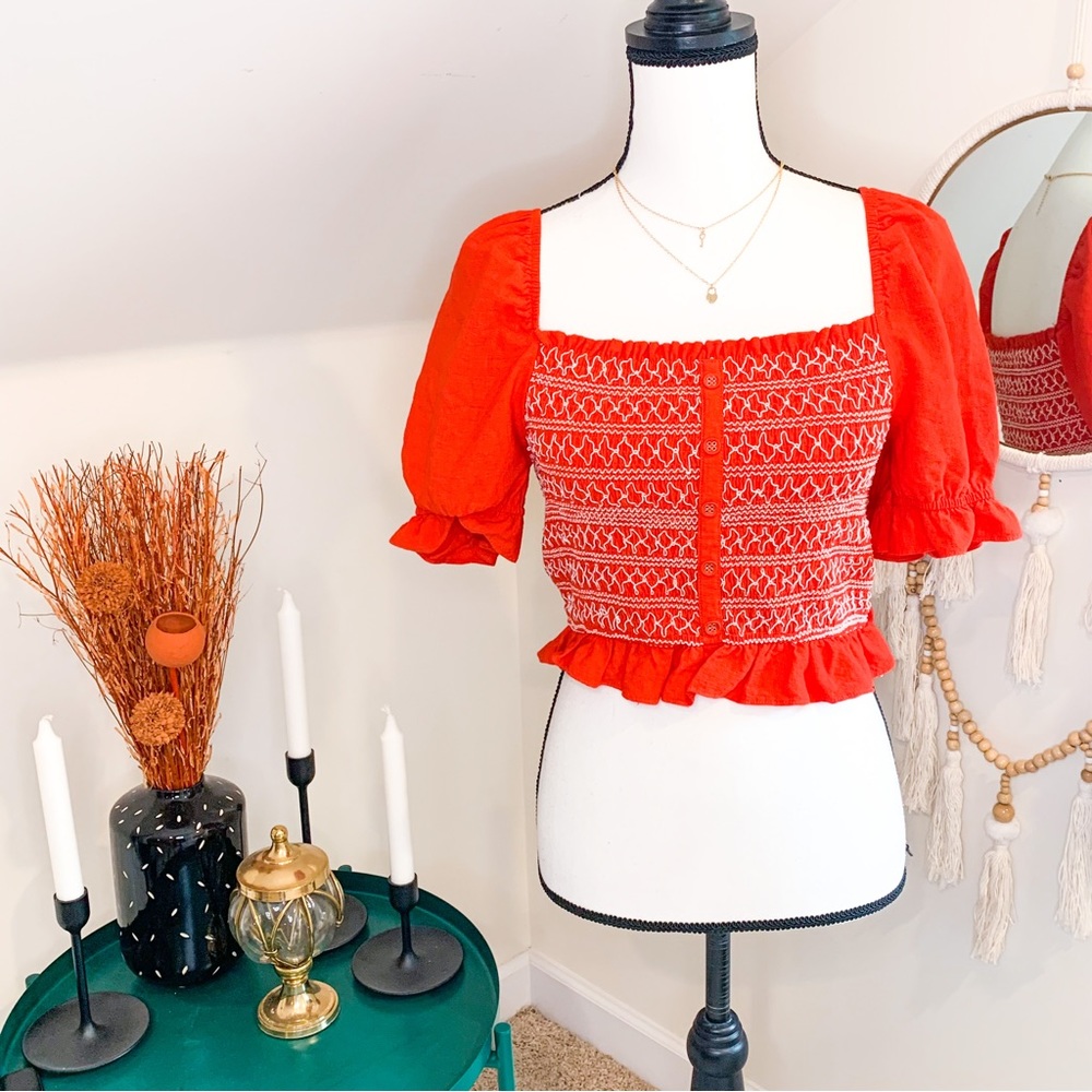 Lost + Wander Red Orange White Smocked Puff Sleeve CottageCore Short Sleeve Top